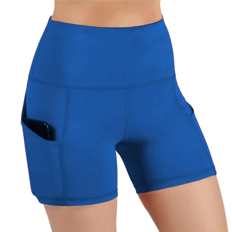 High waist blue fitness women's shorts with phone pockets, perfect for active lifestyle and comfort, style SF0114.