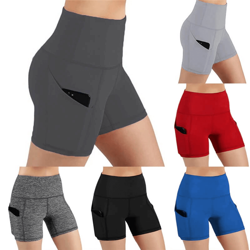 Colorful collection of fitness women's high waist shorts with phone pockets, designed for comfort and convenience during workouts.