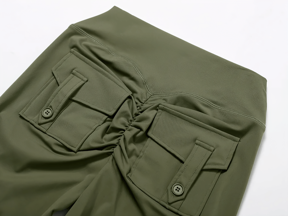 Olive green flare yoga pants with scrunch design and side pockets.