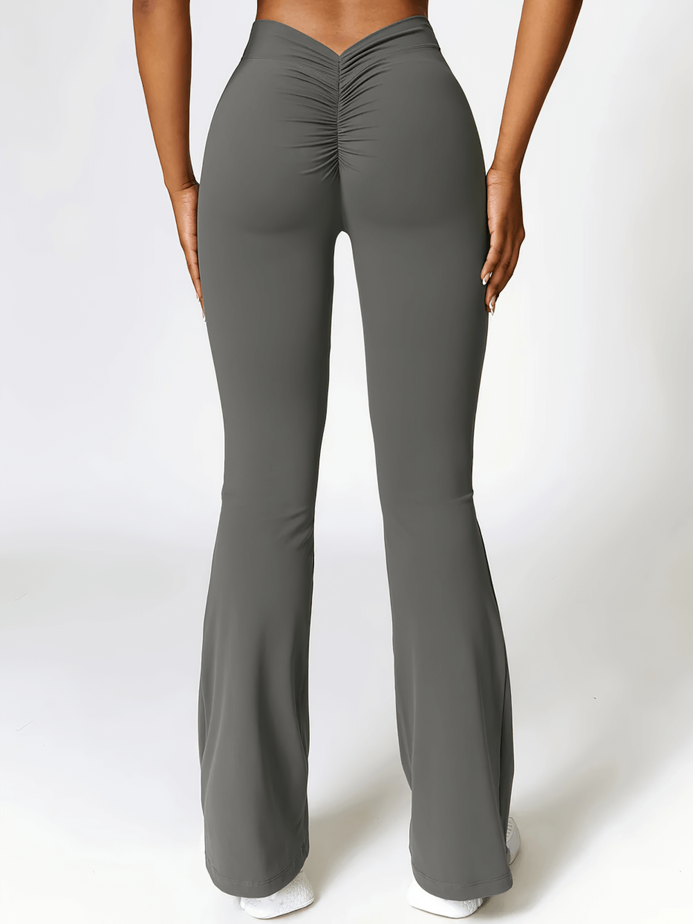 Flared V-Shaped Waist Yoga Pants for Women - SF4289, gray full-length flare leggings with flattering V-waist, back view