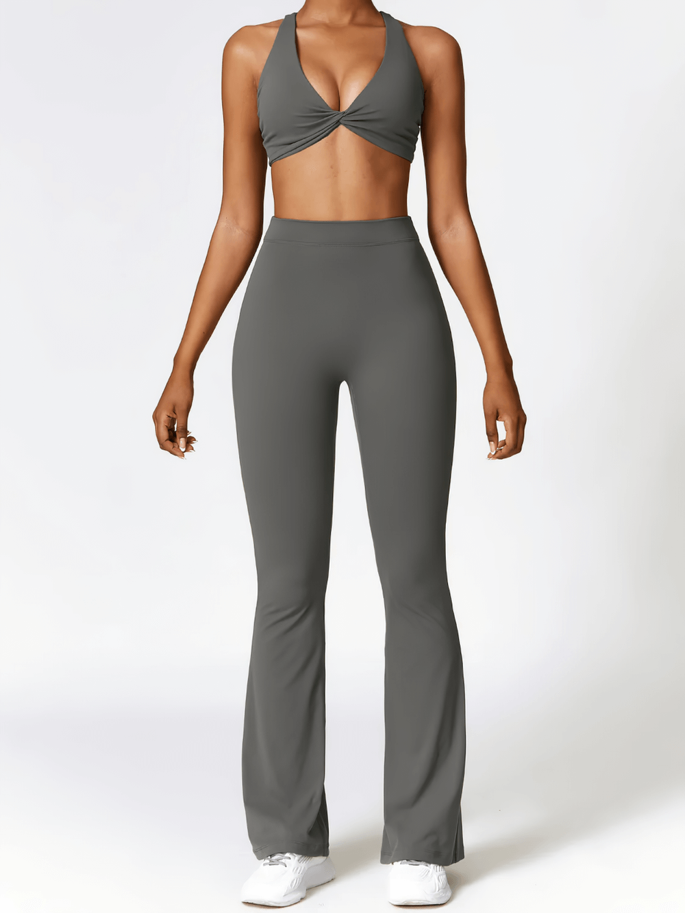 Alt Tag: Flared V-Shaped Waist Yoga Pants for Women - SF4289 gray full-length flare leggings with V-waist, stretchy nylon spandex fit
