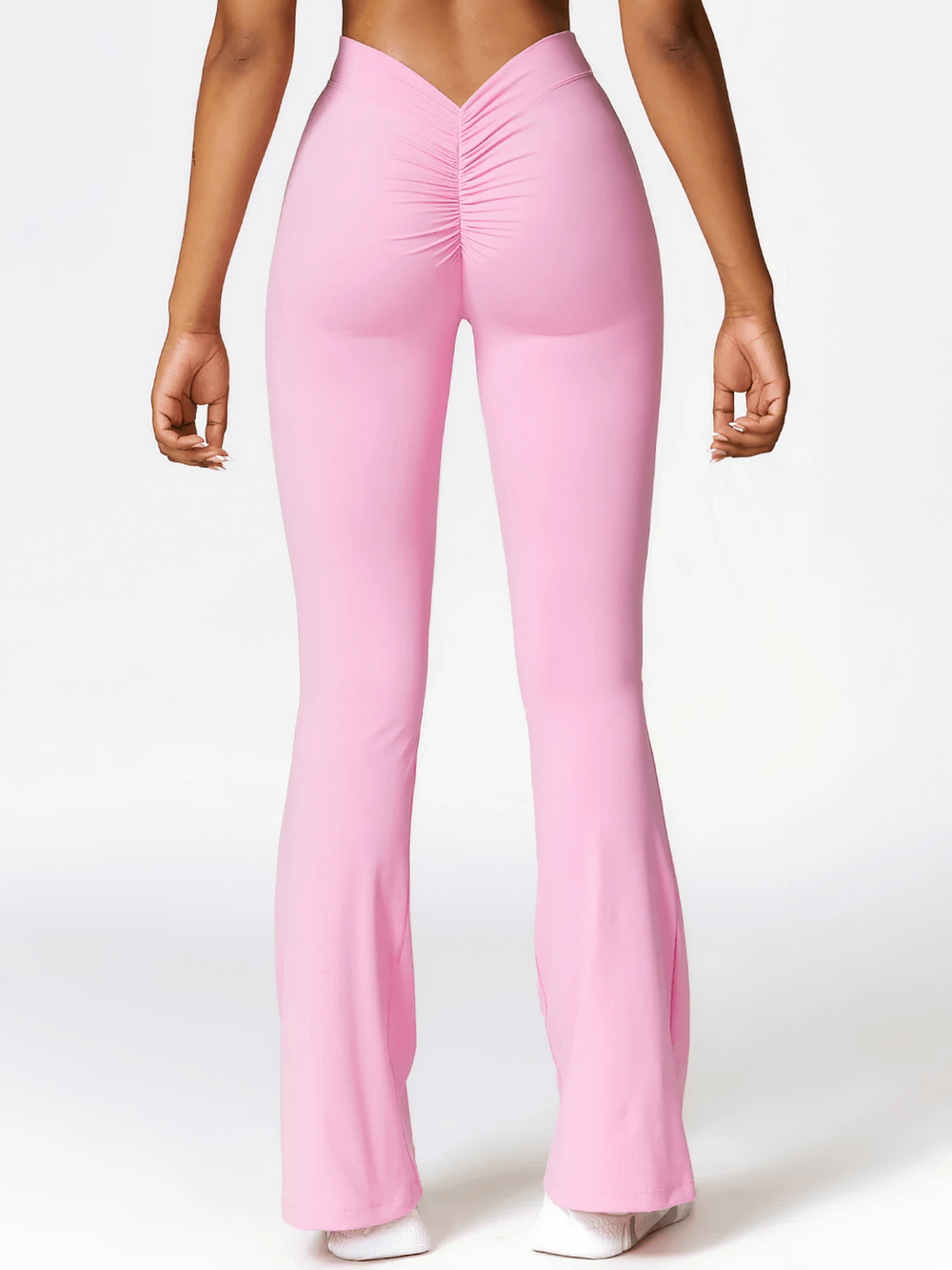 Alt Tag: Flared V-Shaped Waist Yoga Pants for Women - SF4289 pink flared leggings with V-waist and ruched back, full-length fit