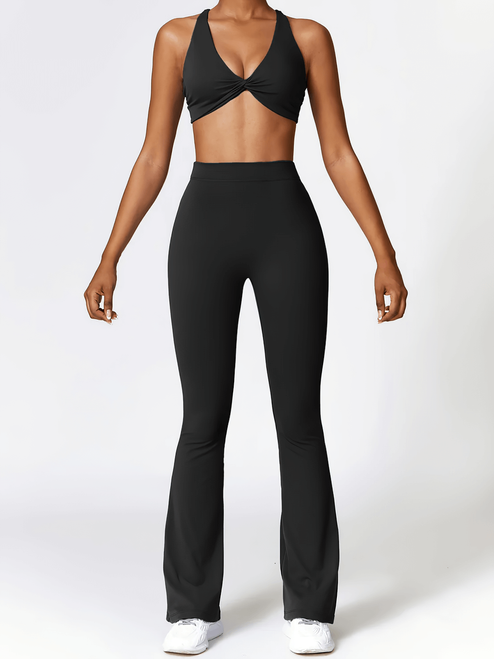 Alt Tag: Flared V-Shaped Waist Yoga Pants for Women - SF4289 on model, black full-length flare leggings with V-waist for yoga