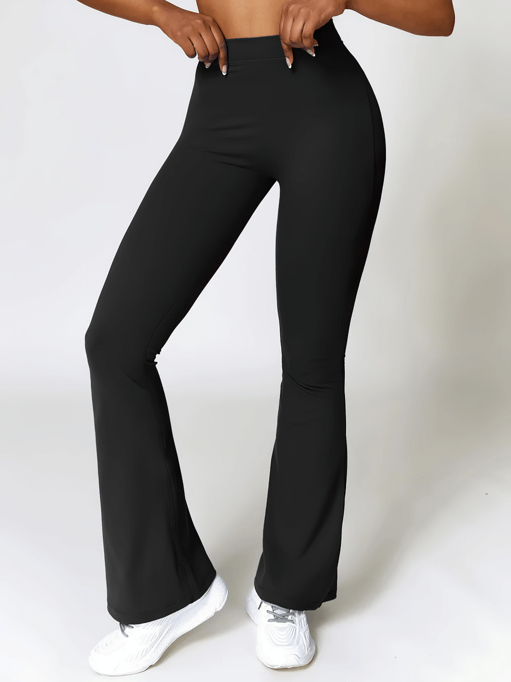 Alt Tag: Flared V-Shaped Waist Yoga Pants for Women - SF4289 black high-waist flare leggings, full-length stretchy nylon spandex workout pants