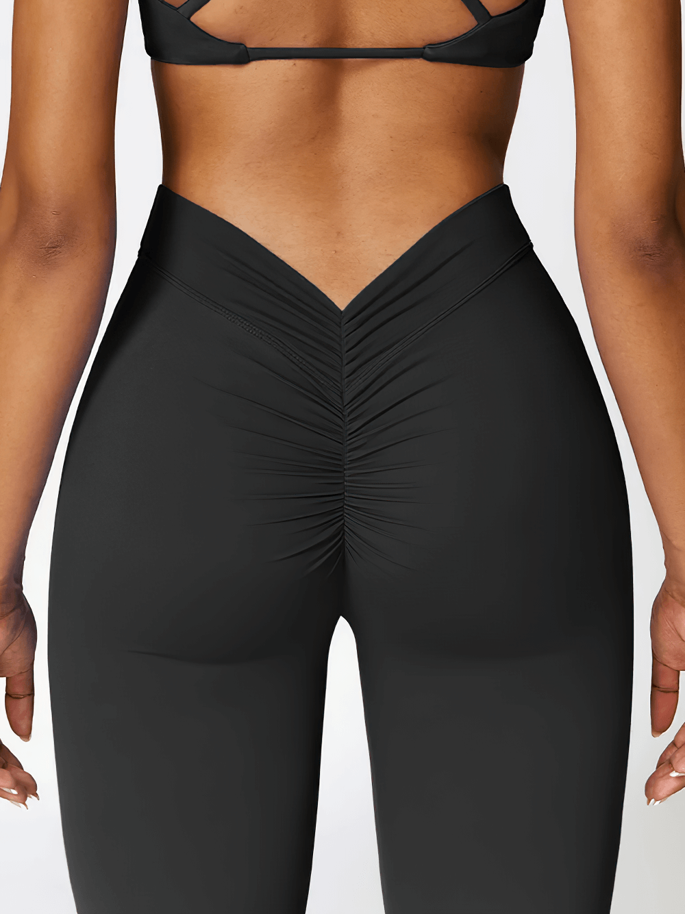 Alt Tag: Flared V-Shaped Waist Yoga Pants for Women - SF4289 black V-waist scrunch back full-length leggings for yoga workouts