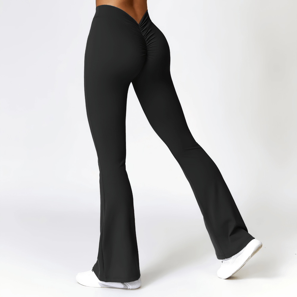 Alt Tag: Flared V-Shaped Waist Yoga Pants for Women - SF4289 black flare leggings with V-waist back scrunch, full-length fit for yoga workouts