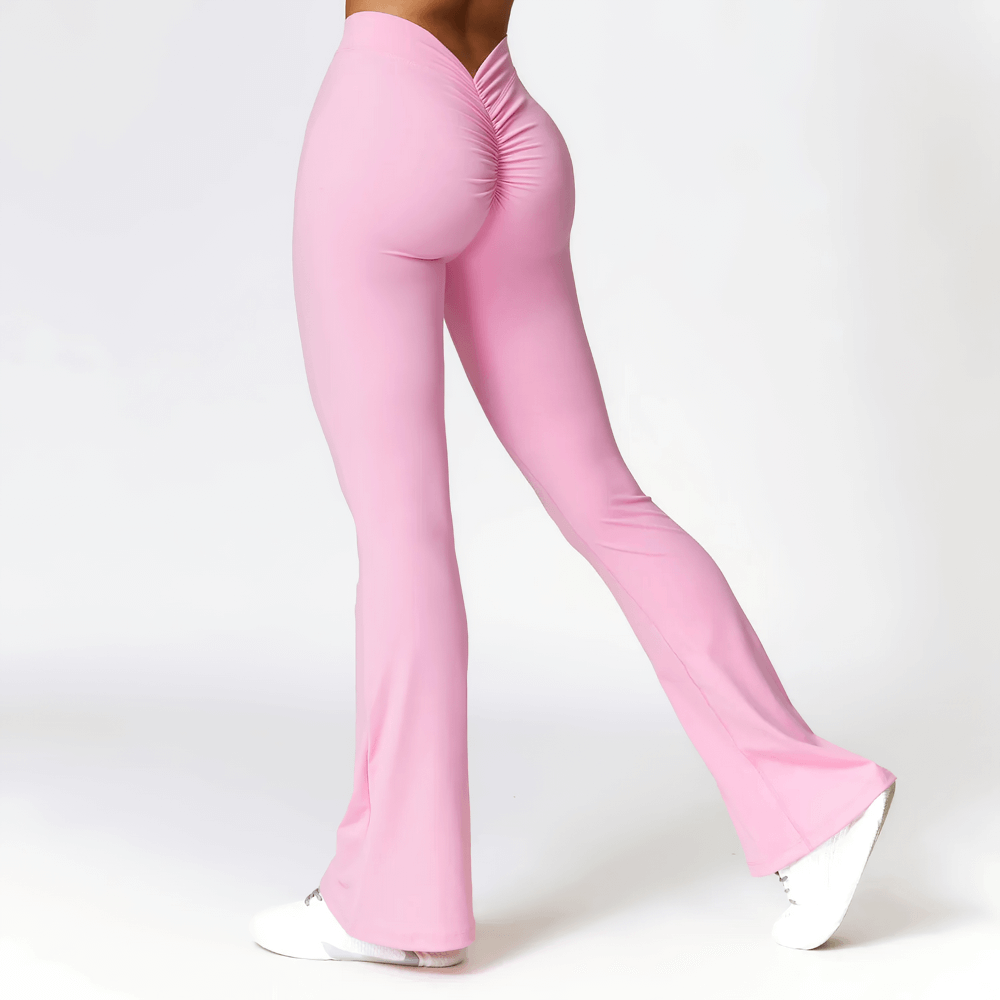 Alt Tag: Flared V-Shaped Waist Yoga Pants for Women - SF4289 in pink, full-length flared leggings with V-waist, comfy stretch fit