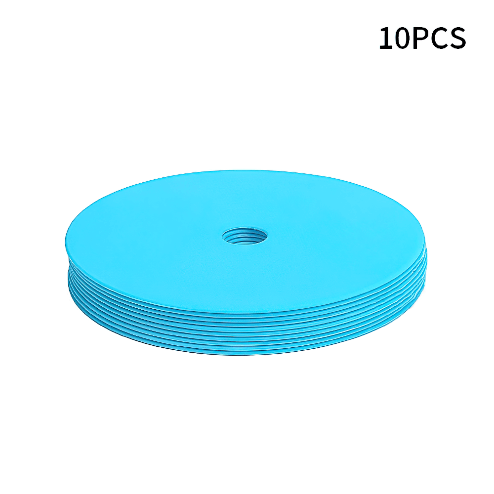 Stack of 10 blue flat soccer training marker discs with central hole for agility and boundary marking on fields and courts.