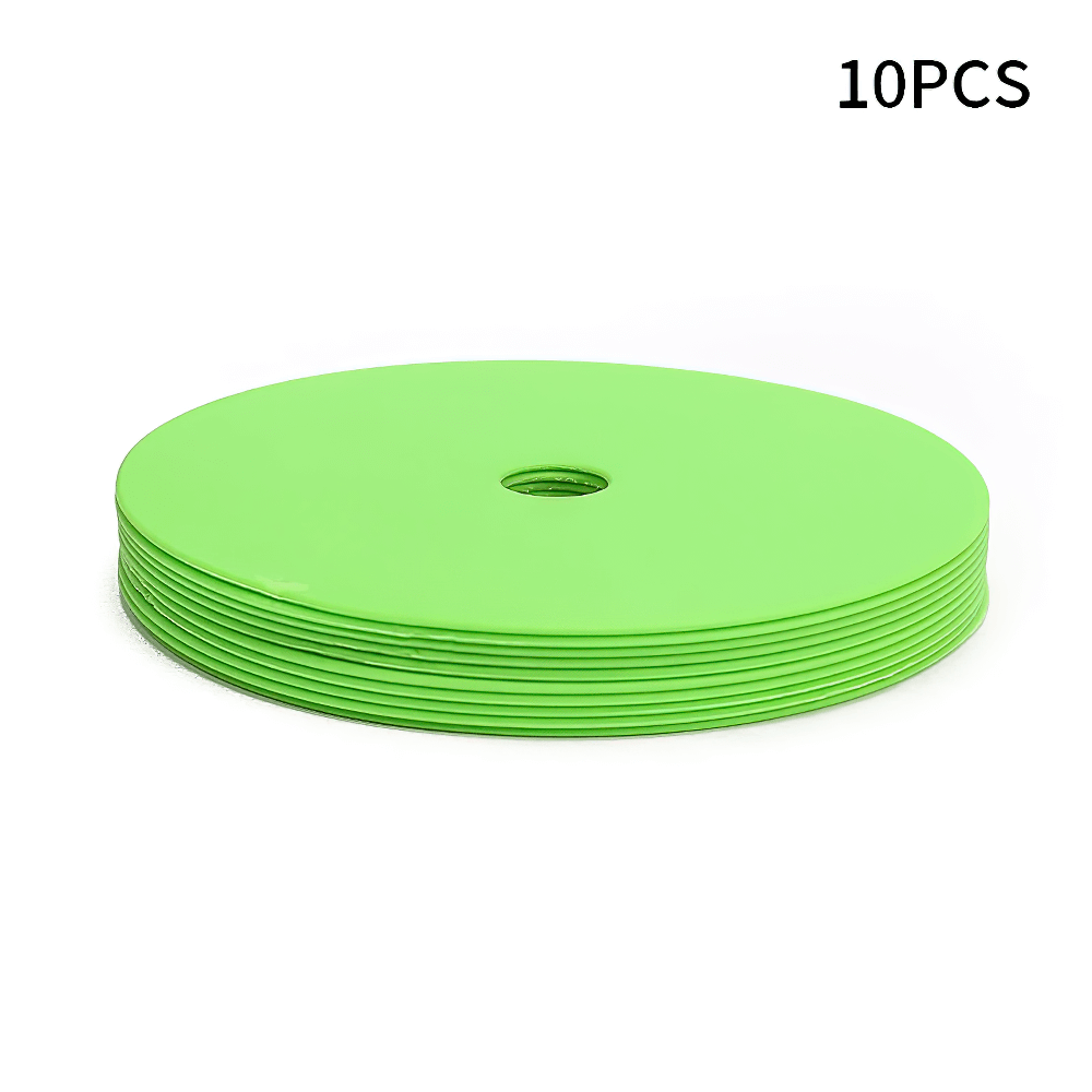 Green flat soccer training marker discs set of 10 with central hole for agility drills and field boundaries. Durable, lightweight design SF3201.