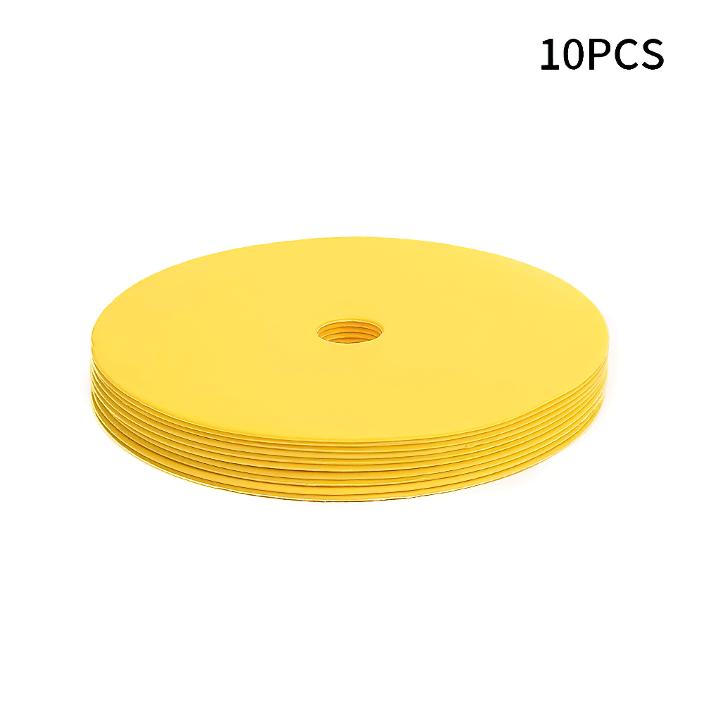 Yellow flat soccer training marker discs set 10pcs with hole, perfect for agility drills and field boundaries.