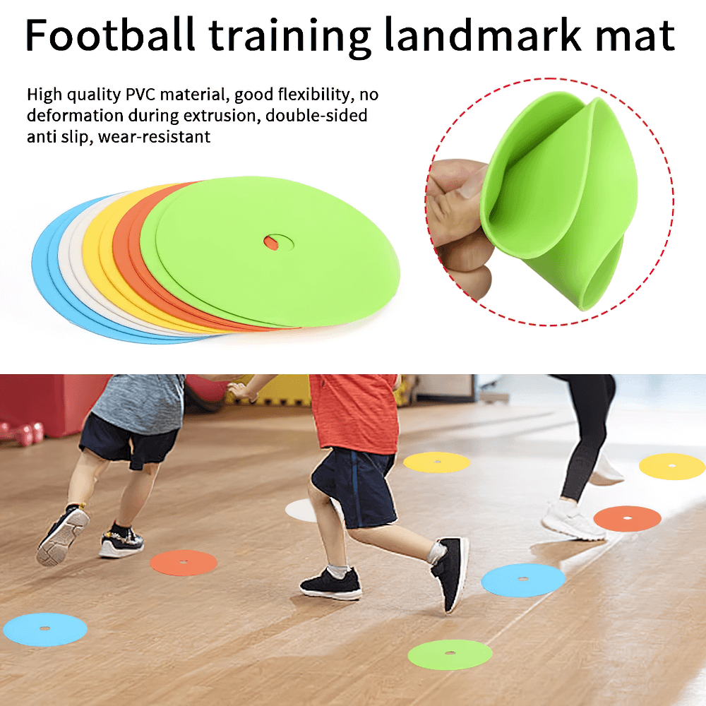 Colorful flat soccer training marker discs for agility drills indoors, showing kids playing with durable, lightweight landmark mats.