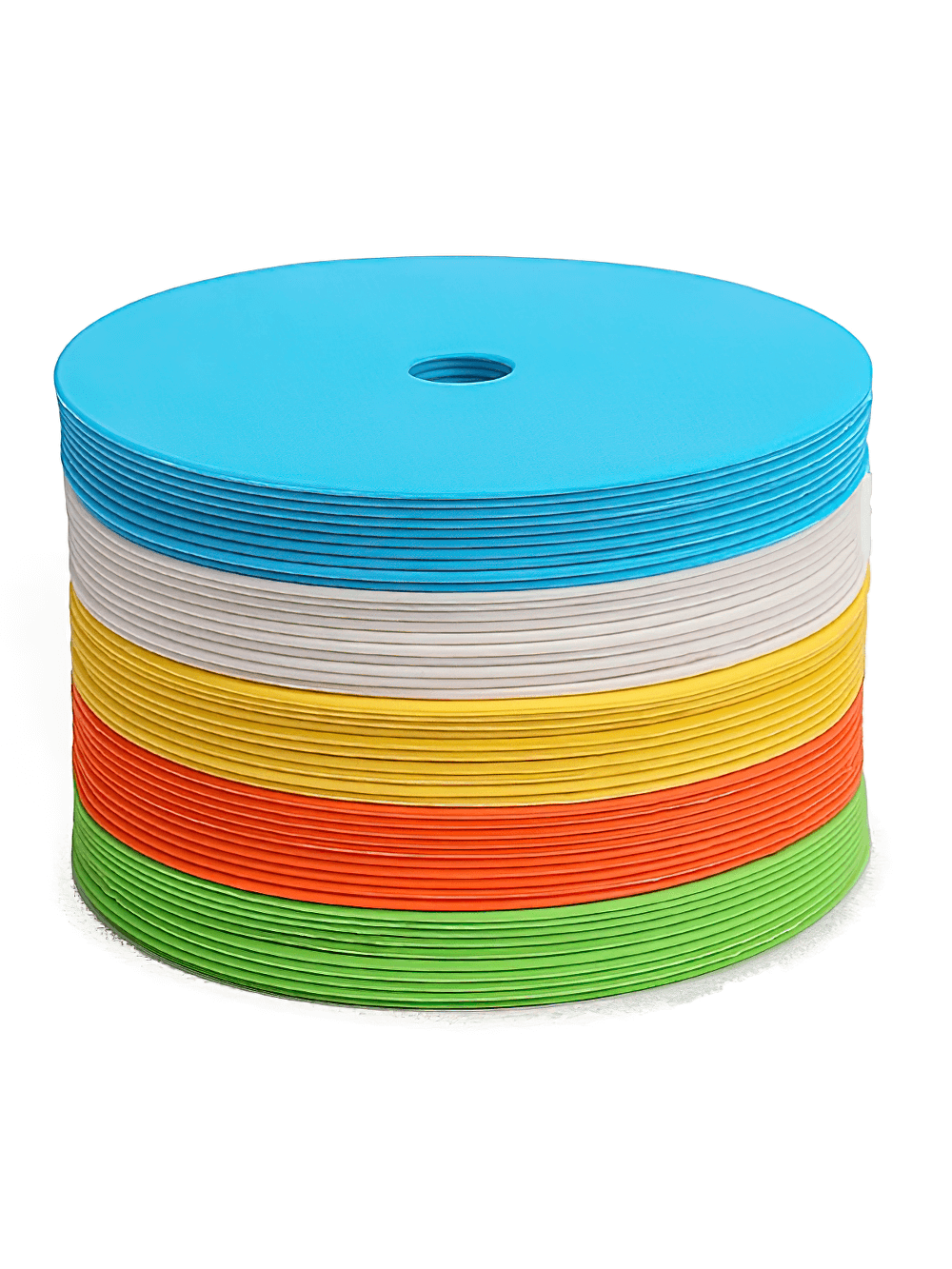 Stack of 10 colorful SF3201 flat soccer training marker discs with perforated hole design for agility drills and court boundaries.