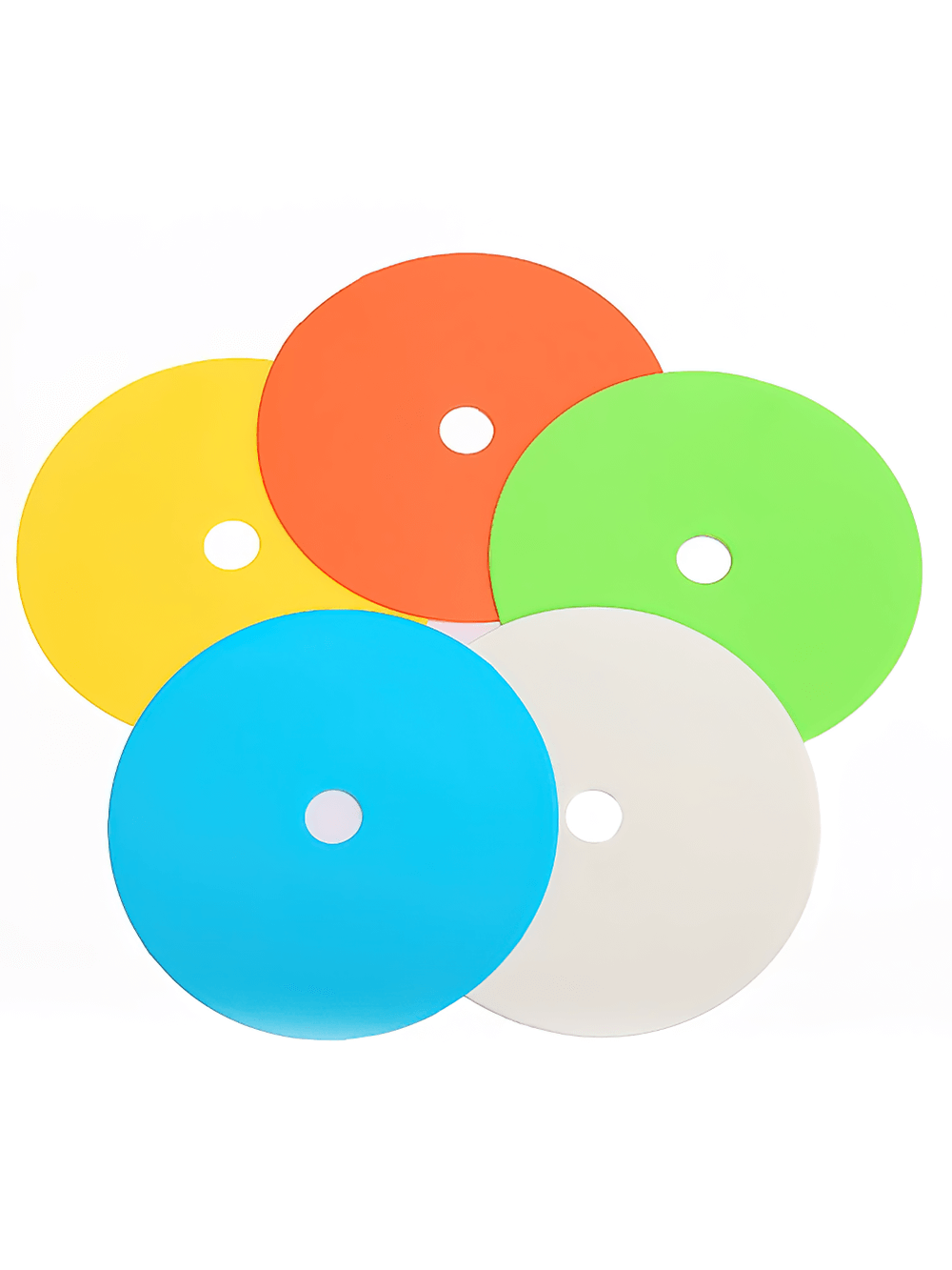 Colorful flat soccer training marker discs with central holes for agility drills and field boundaries, set of 5 shown.