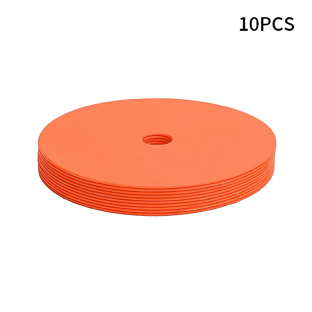 Orange flat soccer training marker discs set of 10 with center hole, ideal for agility drills and field boundaries, model SF3201.