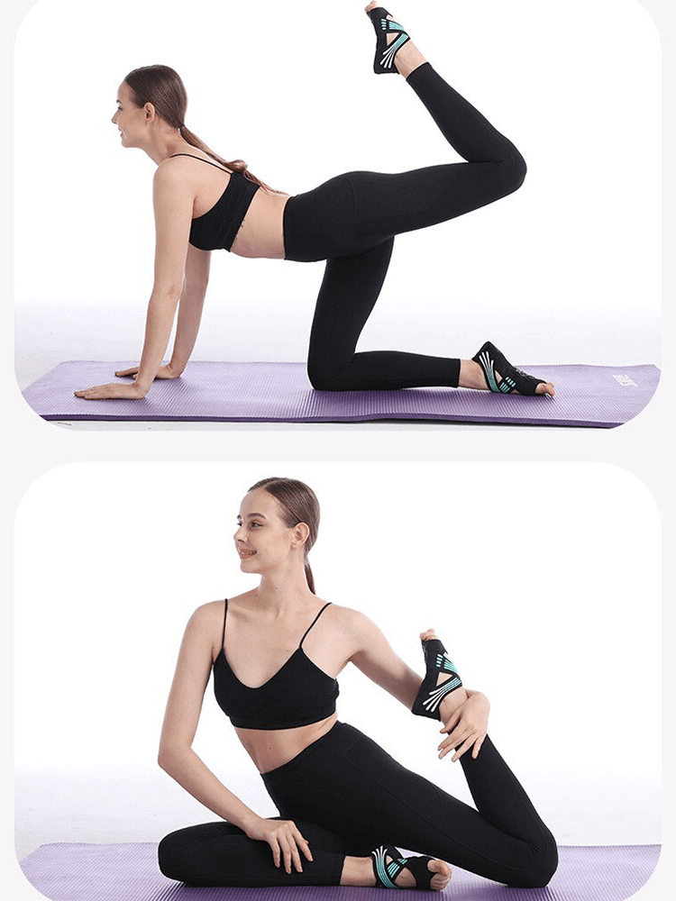Woman practicing yoga in anti-slip shoes-socks on purple mat