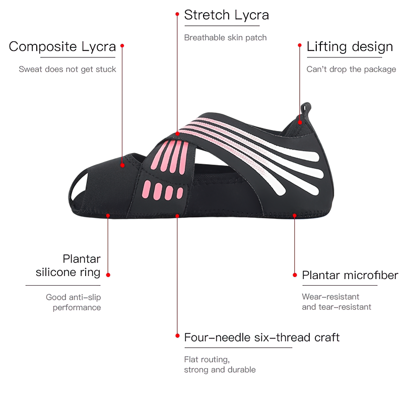 Diagram of features for flat soft anti-slip women's shoe socks with descriptions of lycra, microfiber, silicone ring, and lifting design.