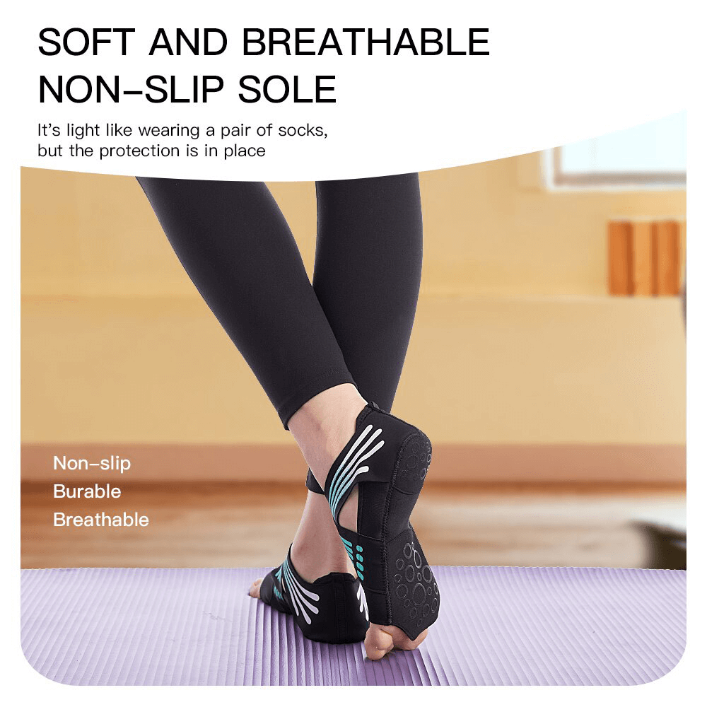 Woman wearing soft breathable anti-slip shoe-socks for yoga, showcasing the durable non-slip sole on a purple mat.