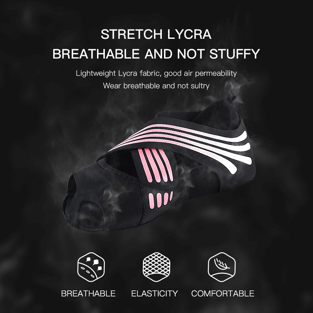 Black and pink stretch lycra anti-slip shoe-socks for yoga and pilates, breathable design with highlighted features.