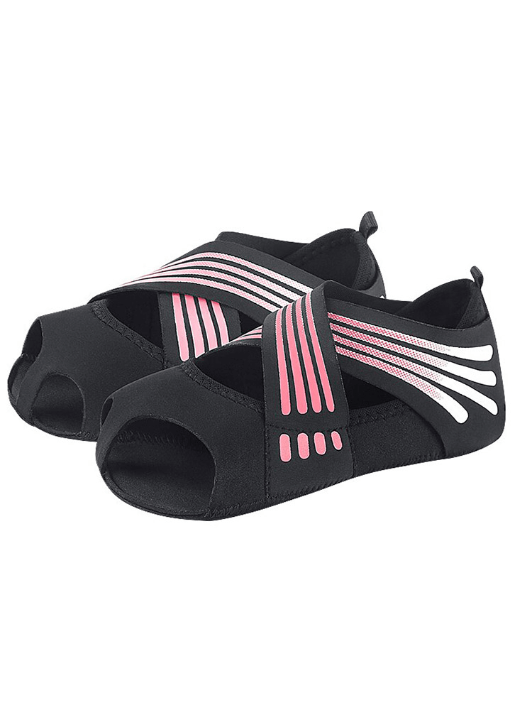 Flat soft anti-slip women’s shoes-socks for Pilates and yoga in black and pink, featuring open toes and secure straps, model SF1502.