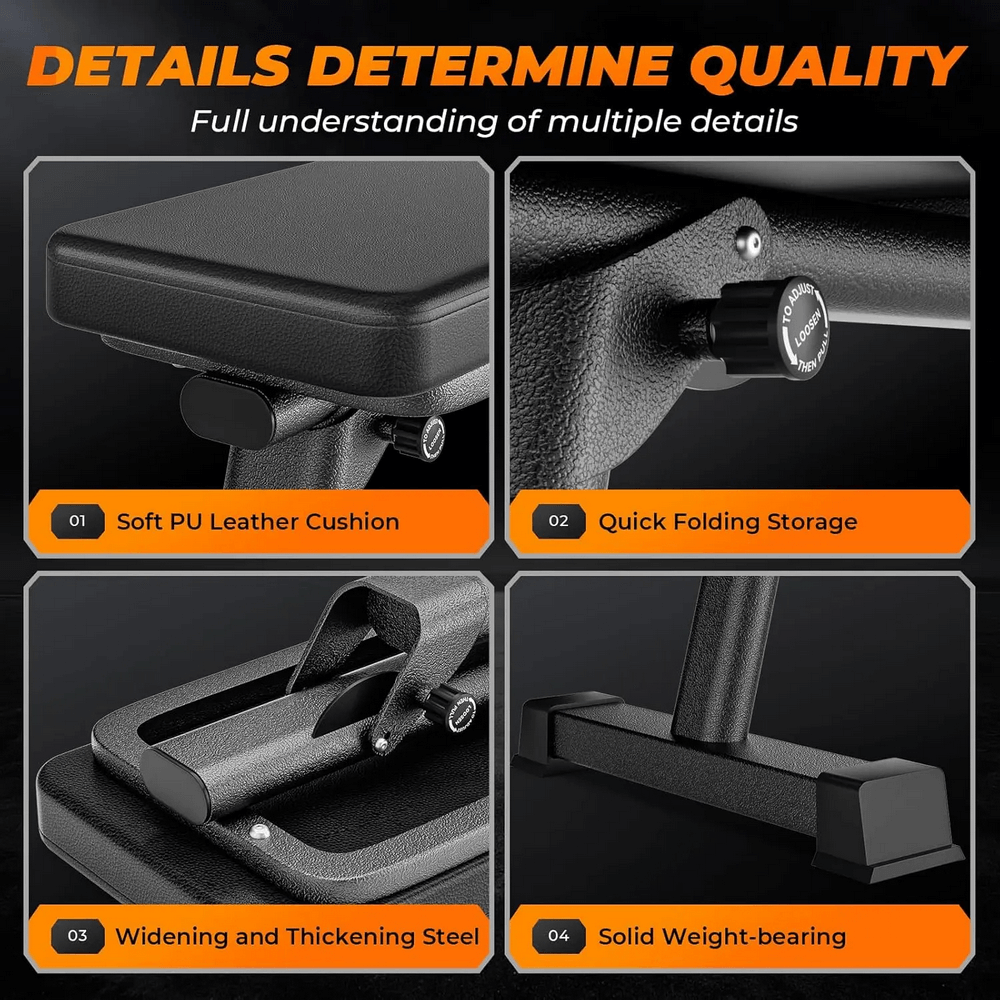 Flat Weight Bench for Strength and Ab Training - SF3449 features soft PU cushion, quick fold, widening steel, and solid weight-bearing.