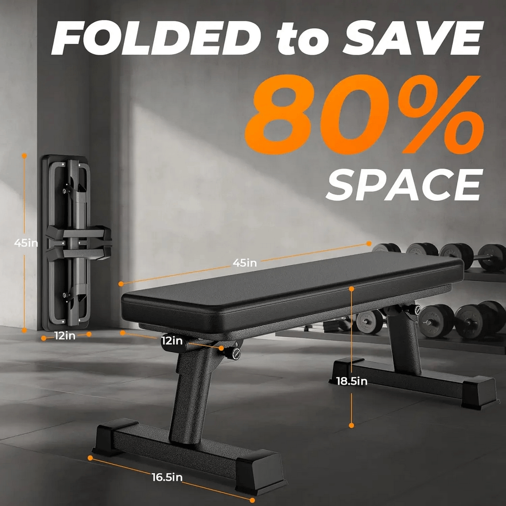 Flat Weight Bench for Strength and Ab Training - SF3449 folded to save 80% space, ideal for compact home gyms.