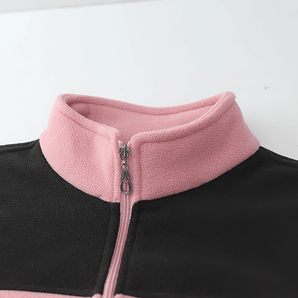 Close-up of Fleece Female Hooded Jacket with Zipper Closure - SF4105 in pink and black, showcasing the soft fleece-lined collar.