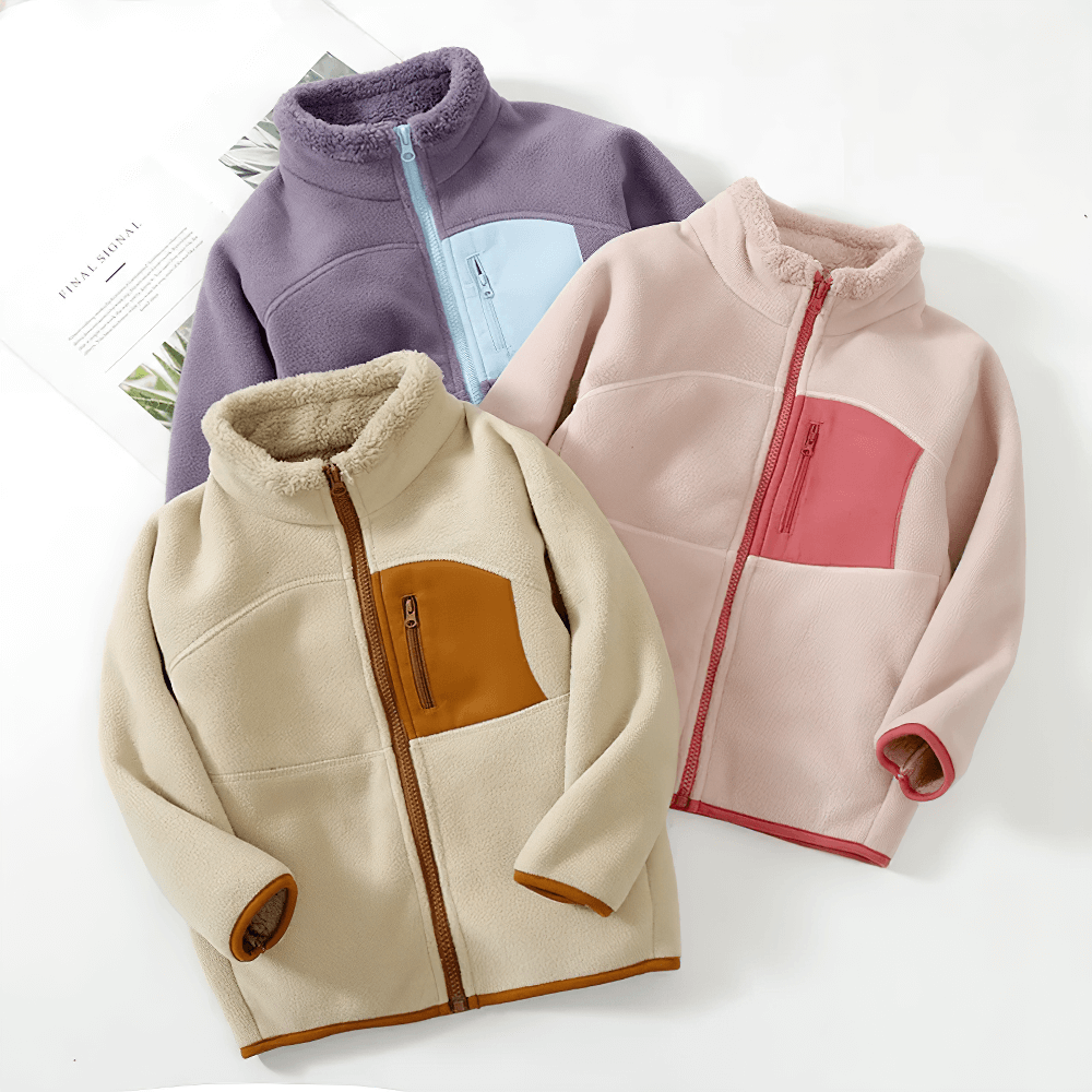 Colorful Fleece Jacket with Fashion Patch and Zipper Pockets - SF3842 for kids, featuring trendy design and zipper details.