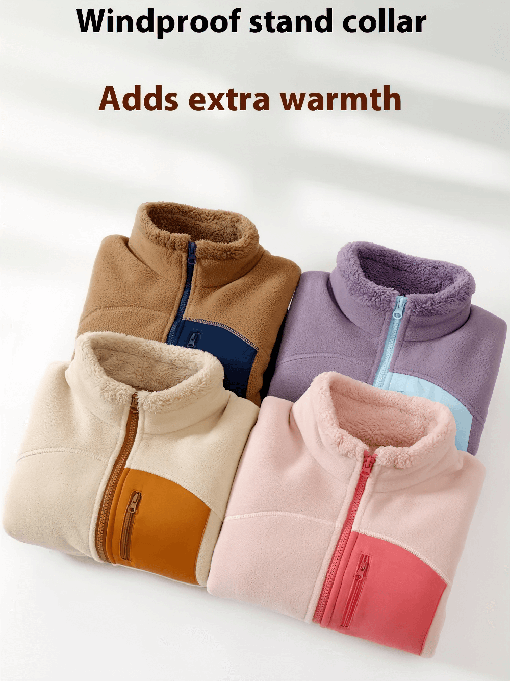 Colorful Fleece Jacket with Fashion Patch and Zipper Pockets - SF3842, warm designs for kids with a windproof stand collar.