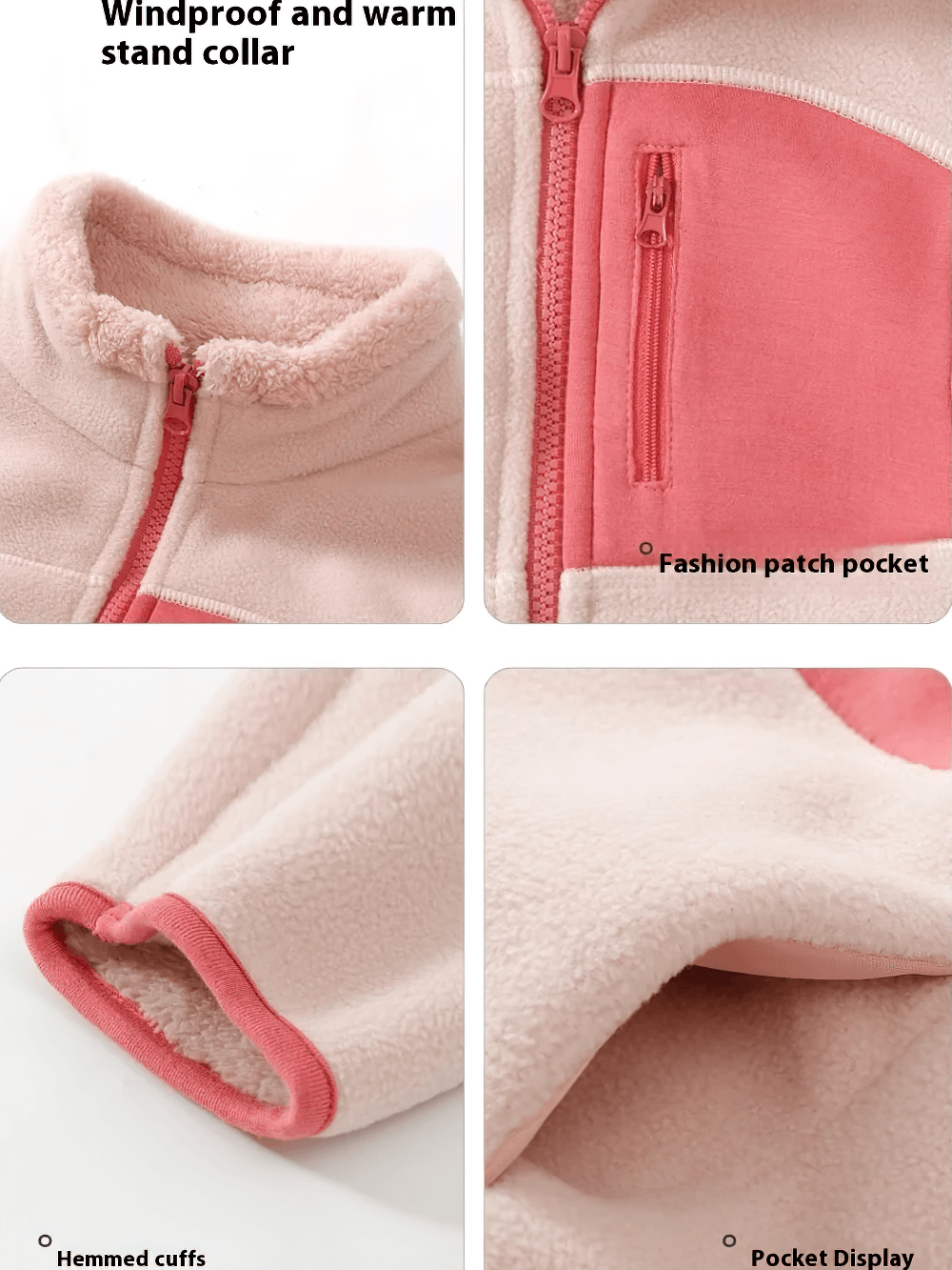 Fleece Jacket with Fashion Patch and Zipper Pockets - SF3842, featuring warm stand collar and trendy contrast pocket details.