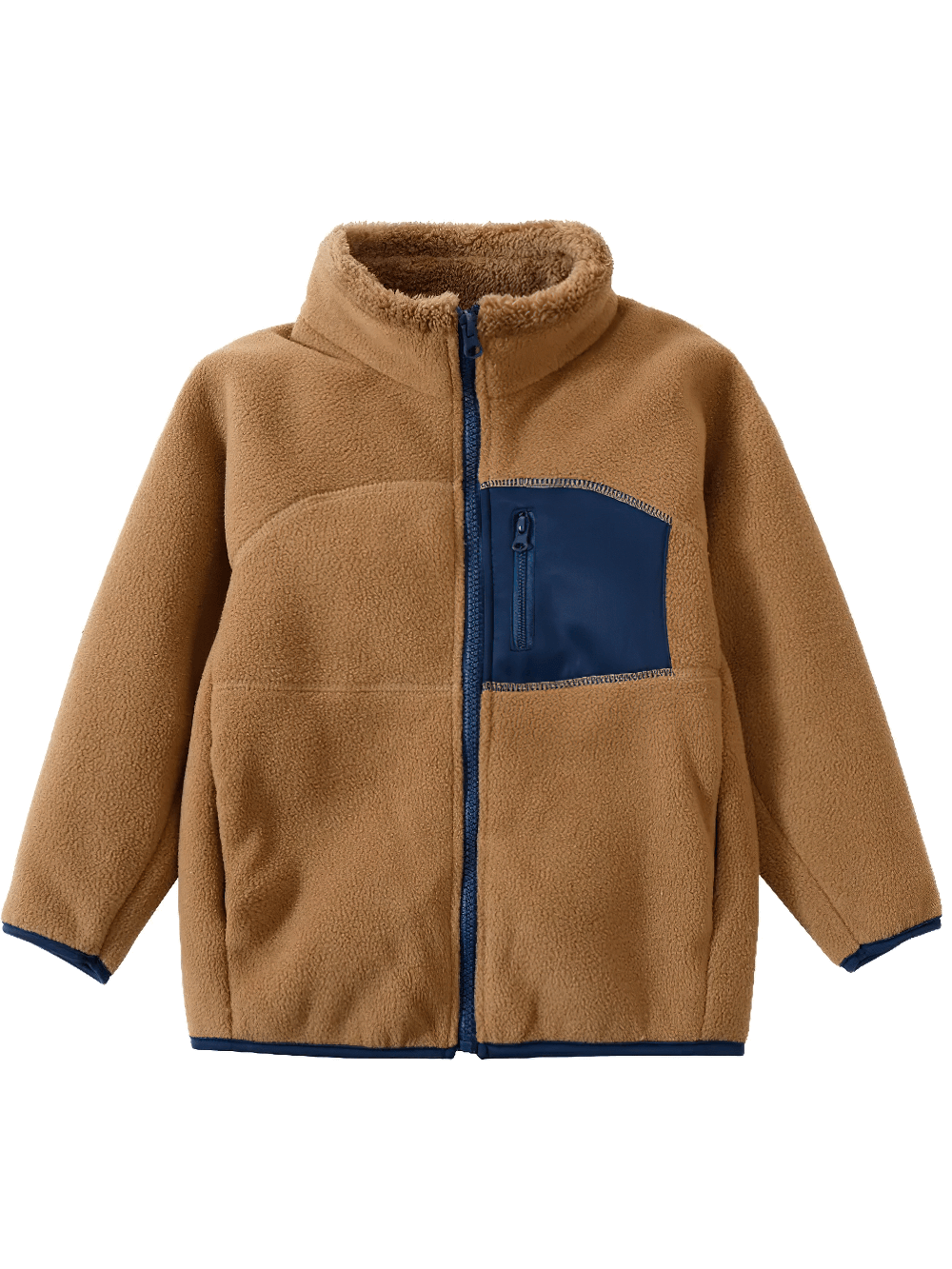 Fleece Jacket with Fashion Patch and Zipper Pockets - SF3842 in brown color with blue contrast pocket, perfect for kids' casual outdoor activities.