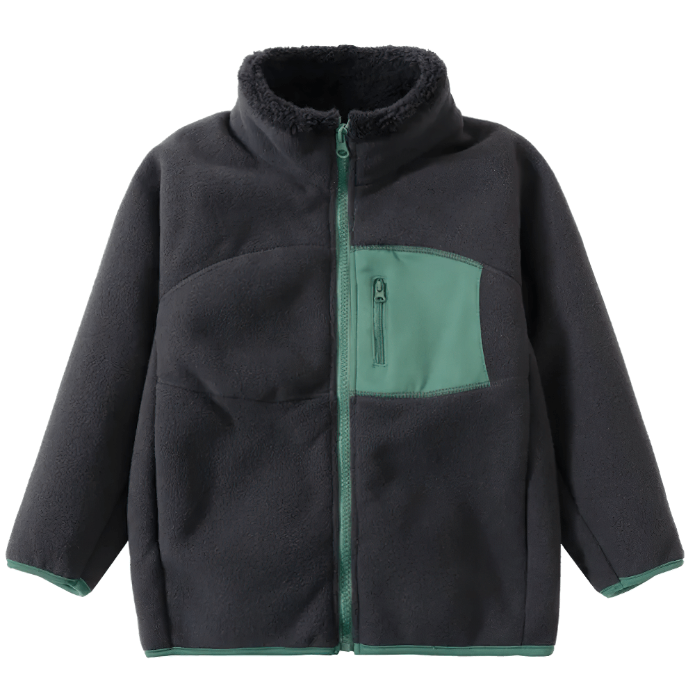 Fleece Jacket with Fashion Patch and Zipper Pockets - SF3842 in trendy black and green color block design for kids' warm outdoor adventures