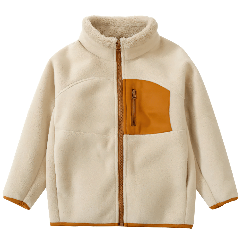 Kids Fleece Jacket with Fashion Patch and Zipper Pockets - SF3842 in beige with stylish contrast pocket detail and stand collar.