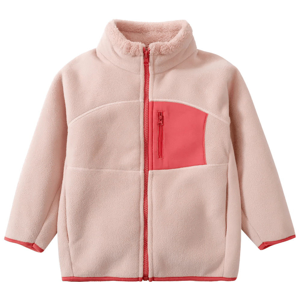 Fleece Jacket with Fashion Patch and Zipper Pockets - SF3842 in pink with trendy color block design and stand collar for kids.