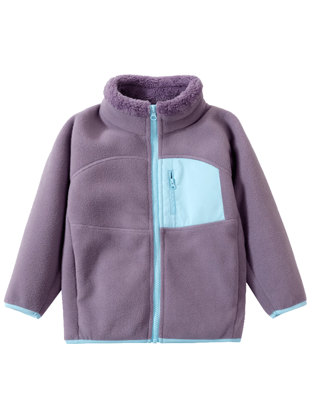 Purple Fleece Jacket with Fashion Patch and Zipper Pockets - SF3842 for kids, showcasing trendy design and comfort.