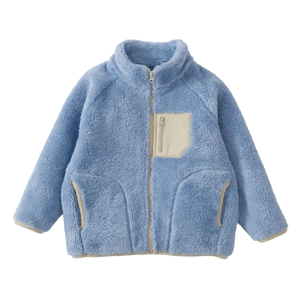 Cozy blue fleece jacket with soft texture and zip pocket - SF3827, perfect for warmth and style in winter.