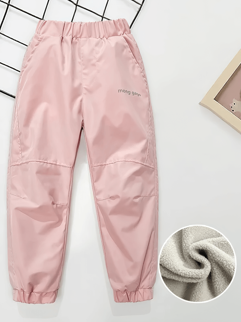 Fleece Lined Waterproof Cotton Down Pants - SF3782 in pink, showcasing thick fleece interior, perfect for winter outdoor activities for kids.