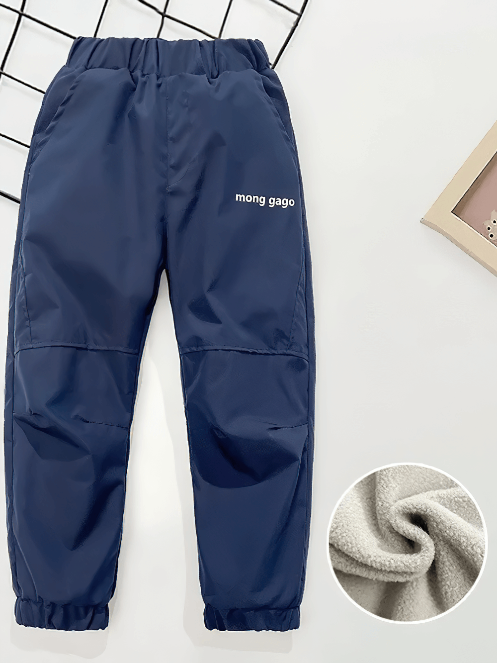 Fleece Lined Waterproof Cotton Down Pants - SF3782 for kids, showcasing thick insulation and snowproof design in navy blue.