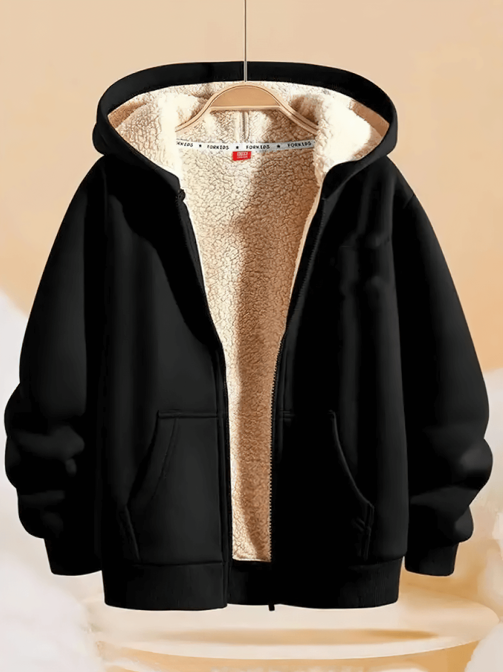 Fleece Lined Zipper Hoodie with Pockets - SF3667 in black with plush interior displayed on hanger, perfect for cold weather.