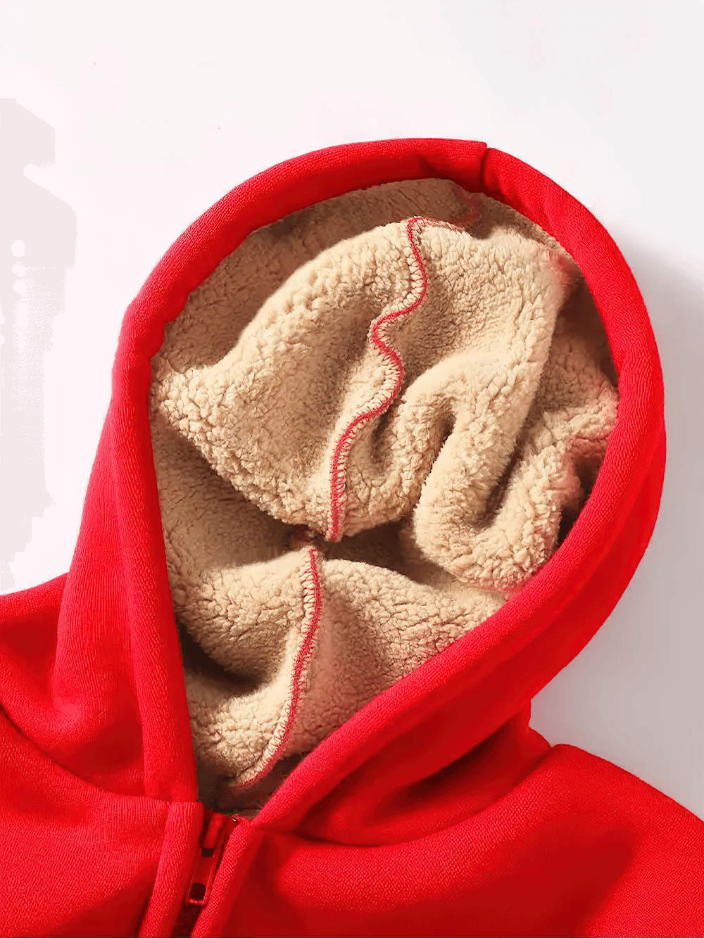 Cozy fleece interior of the Fleece Lined Zipper Hoodie with Pockets - SF3667 in vibrant red, perfect for cold weather.