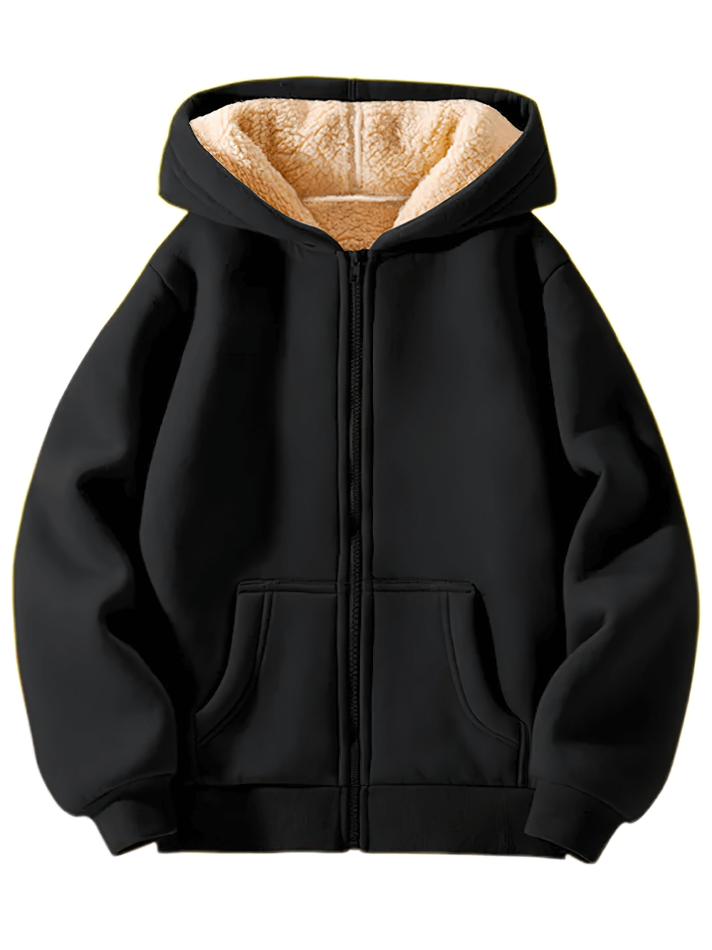 Fleece Lined Zipper Hoodie with Pockets - SF3667, cozy black zip-up with plush interior and front pockets for cold weather comfort.