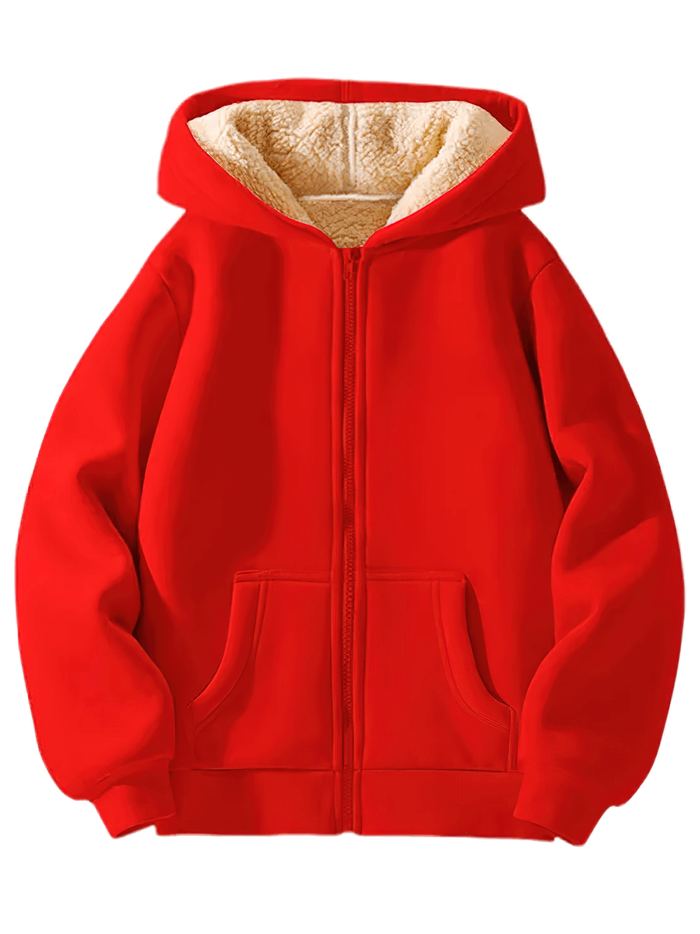 Fleece Lined Zipper Hoodie with Pockets - SF3667 in vibrant red, cozy and warm zip-up design, featuring plush fleece interior and front pockets.