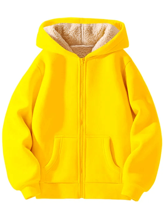 Bright yellow Fleece Lined Zipper Hoodie with Pockets - SF3667 displaying plush interior and front pockets for warmth and style.