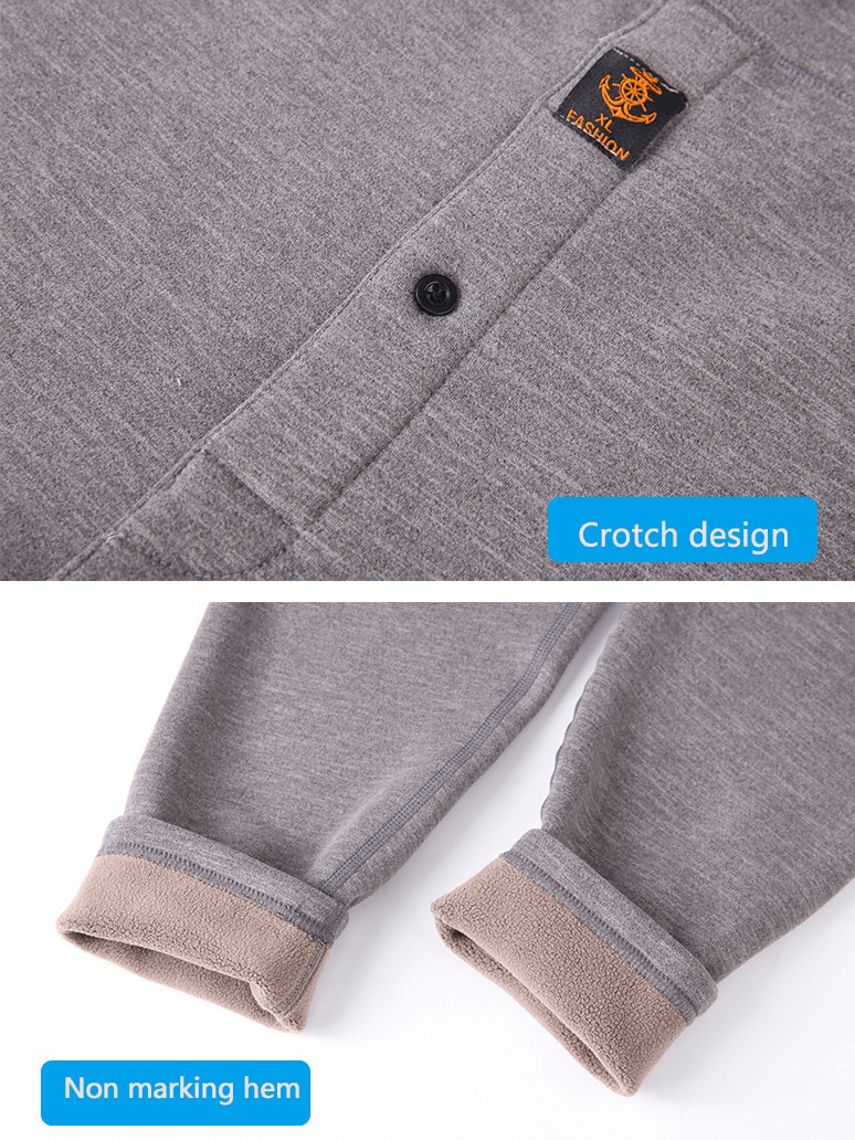 Close-up of grey fleece men's thermal underwear with crotch design and non-marking hem.