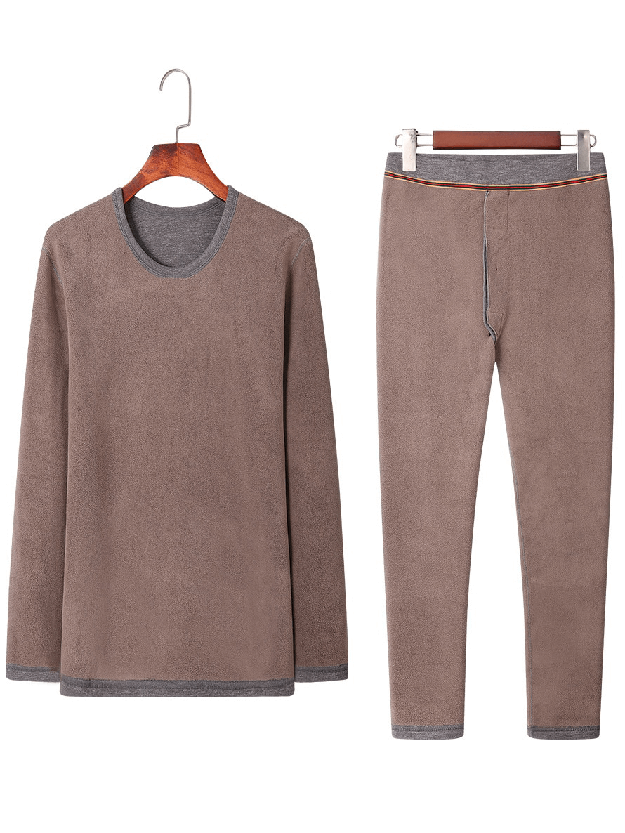 Cozy fleece men's thermal underwear set with round neck and thick padding - ideal for cold weather comfort and warmth.