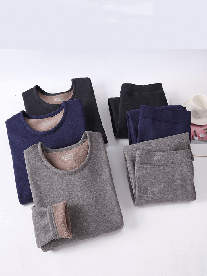 Fleece men's thermal underwear set in gray, navy, and black, featuring a padded thickened round neck for warmth and comfort.