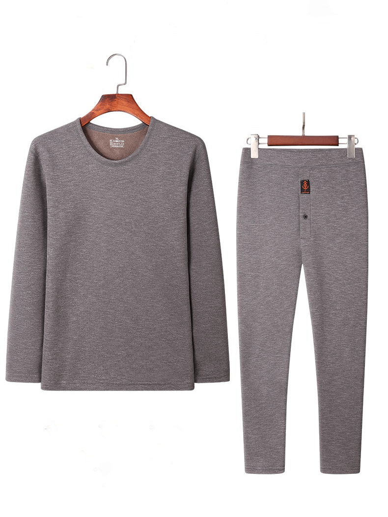 Fleece Men's Thermal Underwear Two-Piece Set in Gray, Round Neck, Thick and Padded. Ideal for Warmth and Comfort, SF1368.