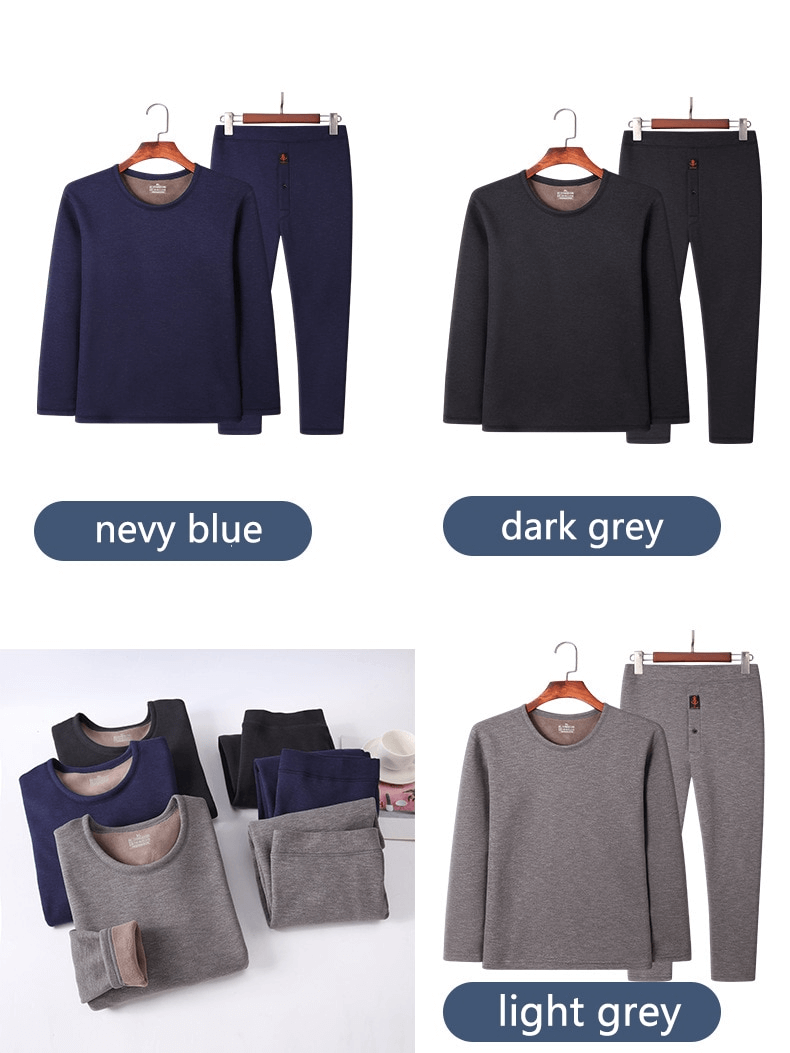 Men's fleece thermal underwear set in navy blue, dark grey, and light grey with round neck and padded design, SF1368.