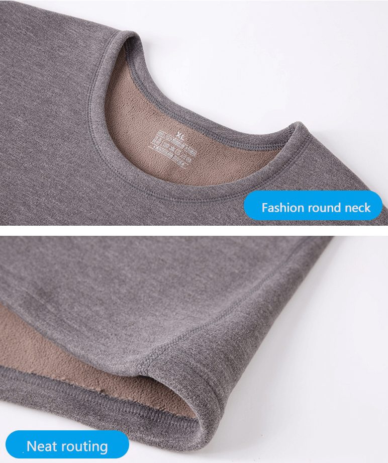 Gray men's thermal underwear with a padded round neck, showcasing neat stitching and thickened fleece fabric for extra warmth.