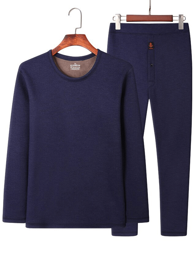 Fleece blue men's thermal underwear set with padded round neck, ideal for cold weather insulation, shown on hangers, SF1368.
