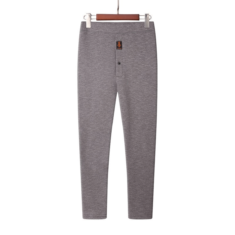 Gray fleece men's thermal underwear pants on a hanger, showcasing comfort and style for colder weather.